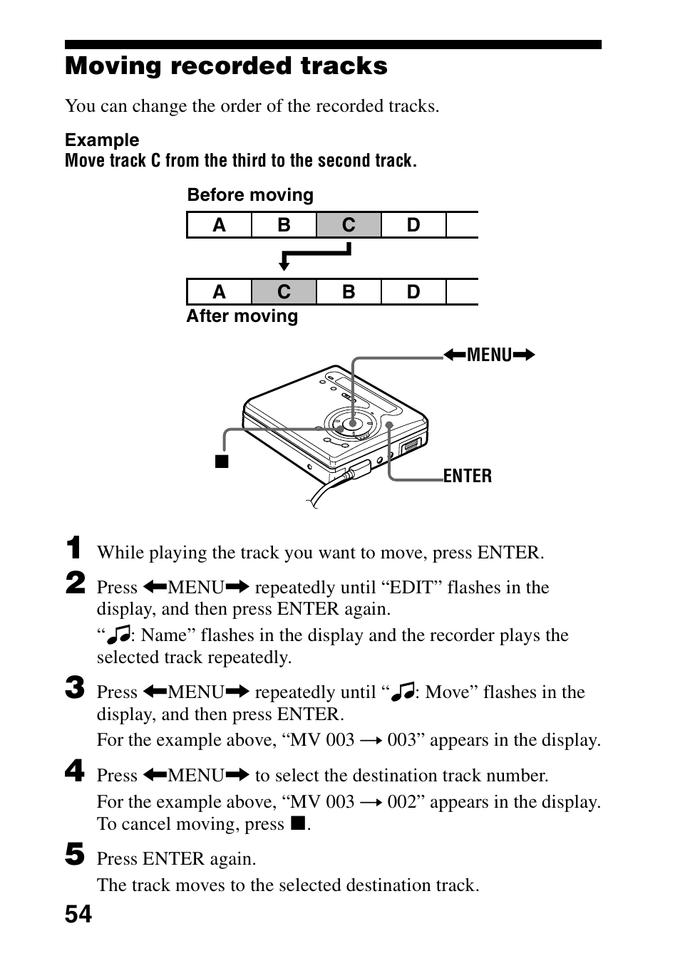 Moving recorded tracks, 54 moving recorded tracks | Sony MZ-G750DPC User Manual | Page 54 / 76