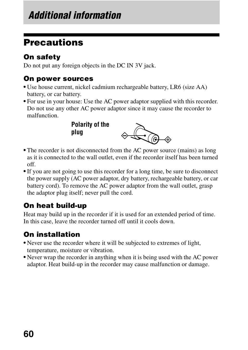 Additional information, Precautions | Sony MZ-G750DPC User Manual | Page 60 / 76