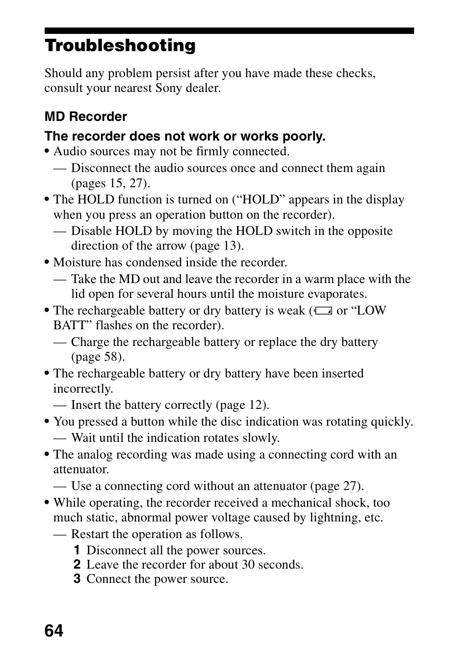 Troubleshooting, 64 troubleshooting | Sony MZ-G750DPC User Manual | Page 64 / 76