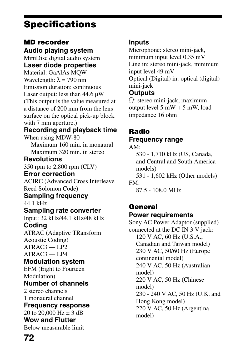 Specifications, 72 specifications | Sony MZ-G750DPC User Manual | Page 72 / 76