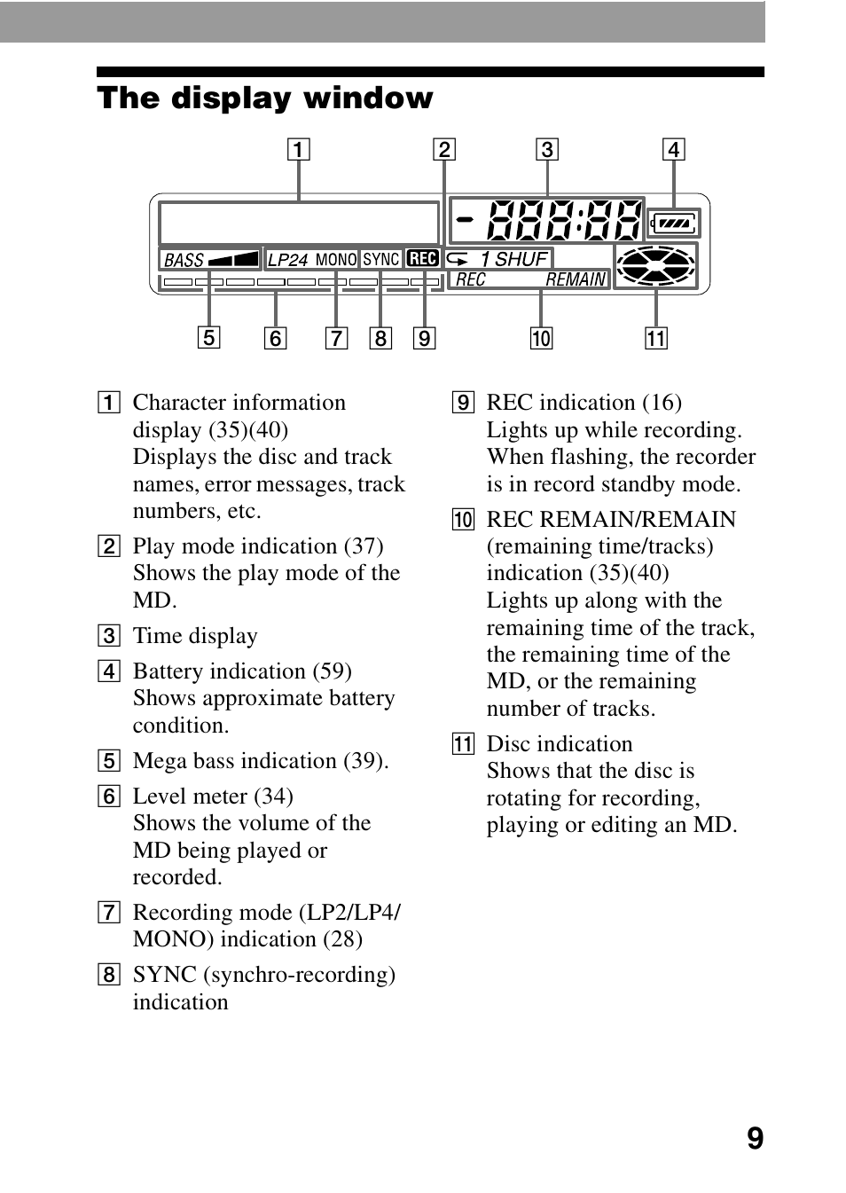 The display window, 9the display window | Sony MZ-G750DPC User Manual | Page 9 / 76