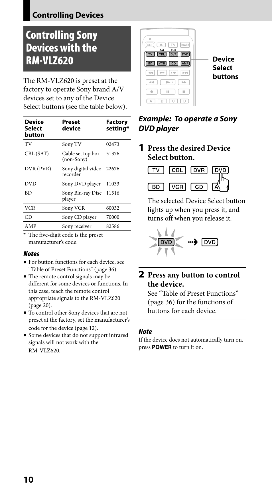 Controlling devices, Controlling sony devices with the rm-vlz620, Example: to operate a sony dvd player | Press the desired device select button, Press any button to control the device | Sony RM-VLZ620 User Manual | Page 10 / 52