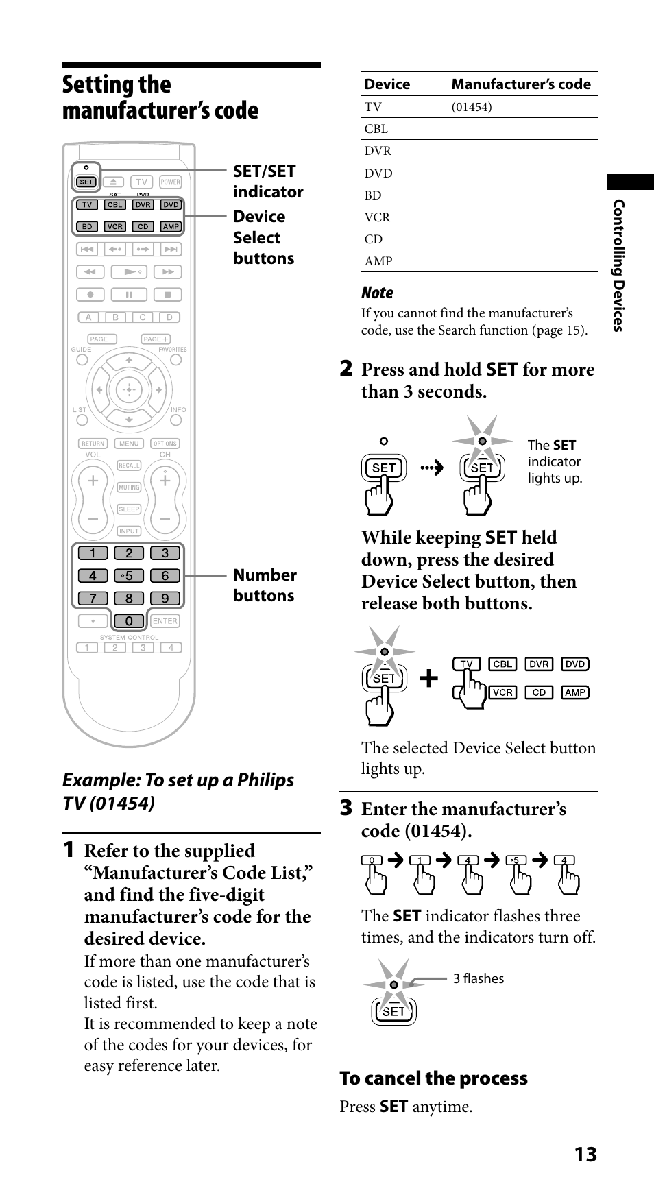 Setting the manufacturer’s code | Sony RM-VLZ620 User Manual | Page 13 / 52