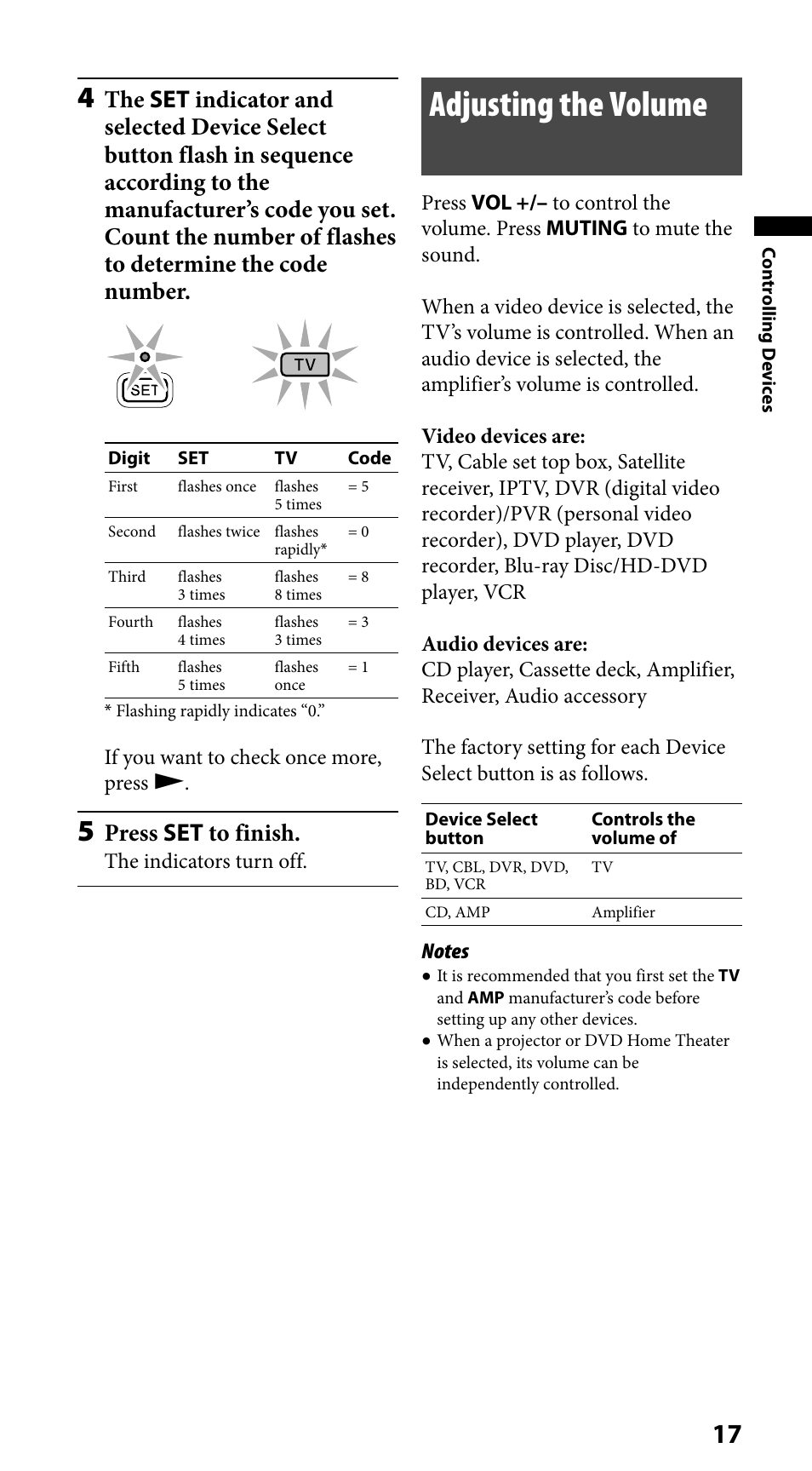 Adjusting the volume, Press set to finish | Sony RM-VLZ620 User Manual | Page 17 / 52