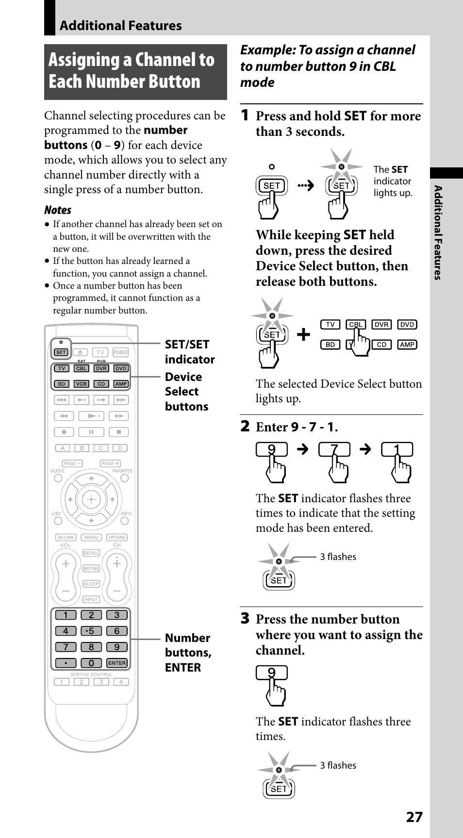 Additional features, Assigning a channel to each number button | Sony RM-VLZ620 User Manual | Page 27 / 52