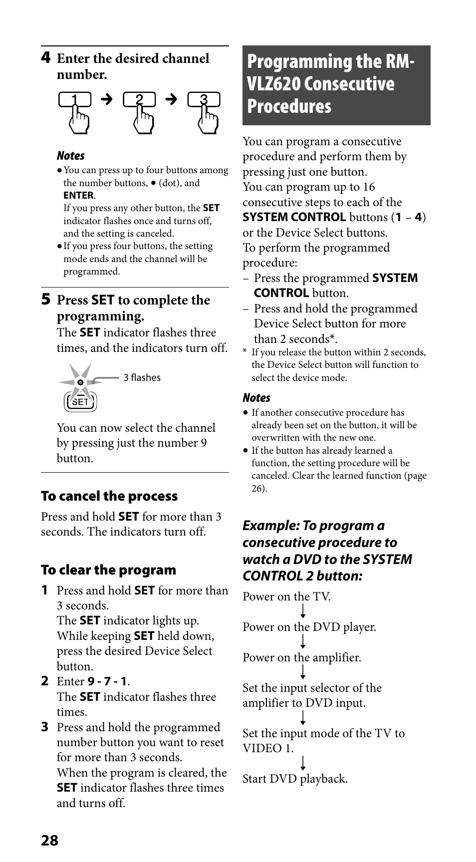 Programming the rm-vlz620 consecutive procedures, Programming the rm- vlz620 consecutive procedures | Sony RM-VLZ620 User Manual | Page 28 / 52