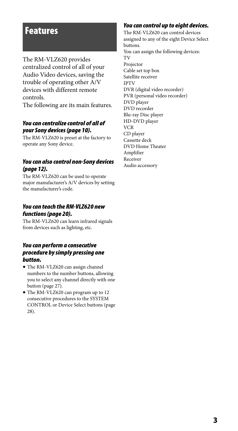 Features | Sony RM-VLZ620 User Manual | Page 3 / 52