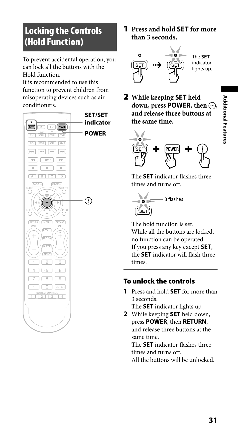 Locking the controls (hold function) | Sony RM-VLZ620 User Manual | Page 31 / 52