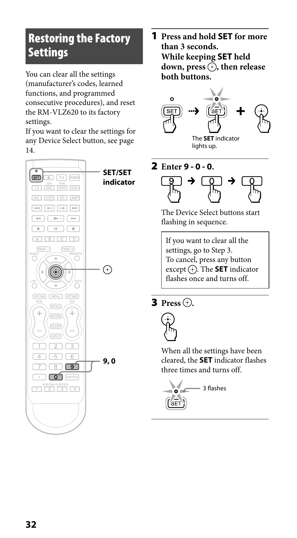 Restoring the factory settings | Sony RM-VLZ620 User Manual | Page 32 / 52