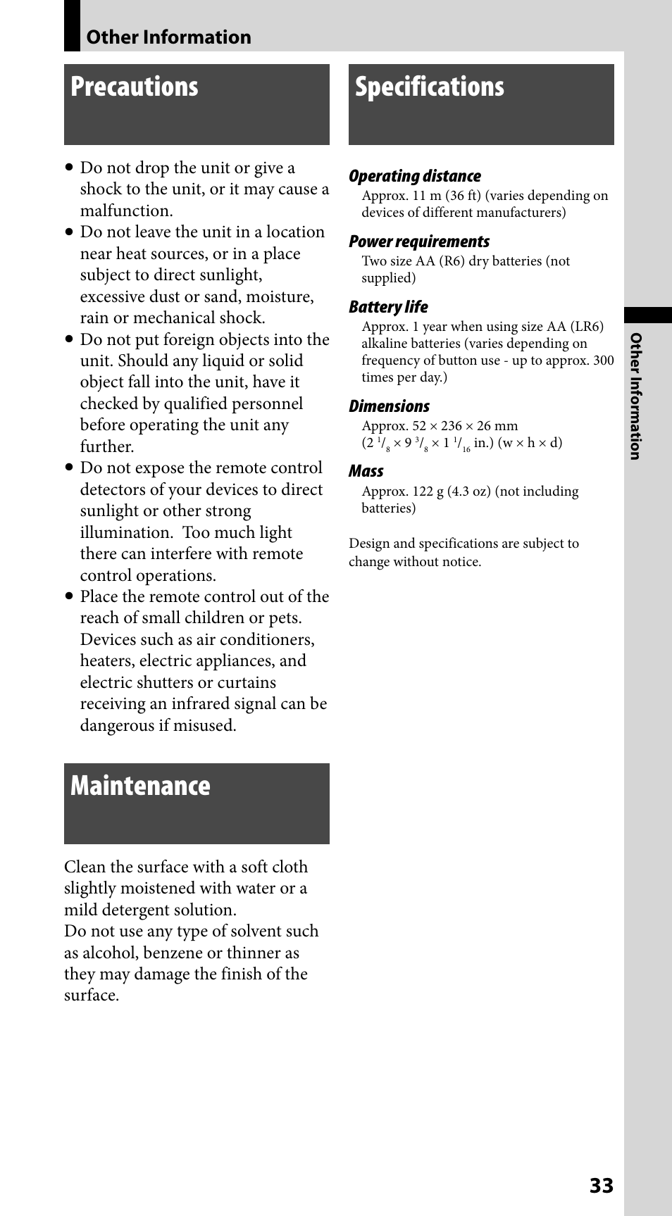 Other information, Precautions, Maintenance | Specifications | Sony RM-VLZ620 User Manual | Page 33 / 52