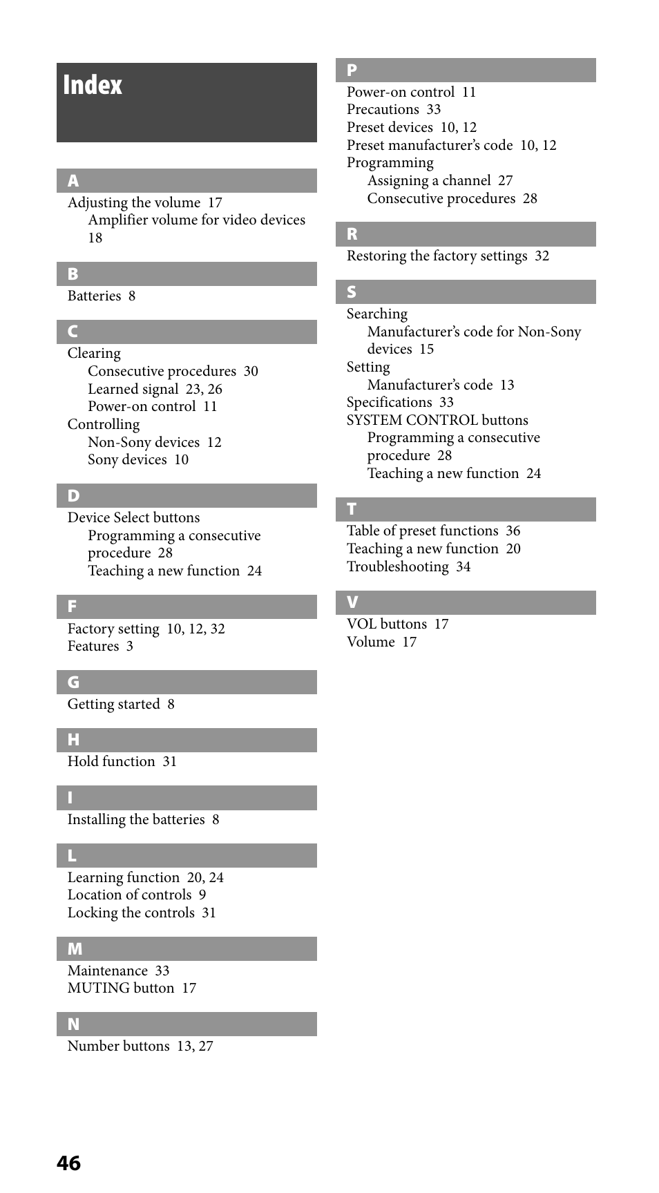 Index | Sony RM-VLZ620 User Manual | Page 46 / 52