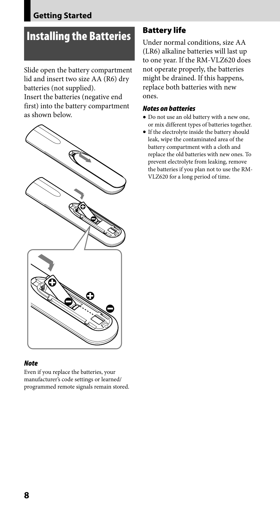 Getting started, Installing the batteries, Battery life | Sony RM-VLZ620 User Manual | Page 8 / 52