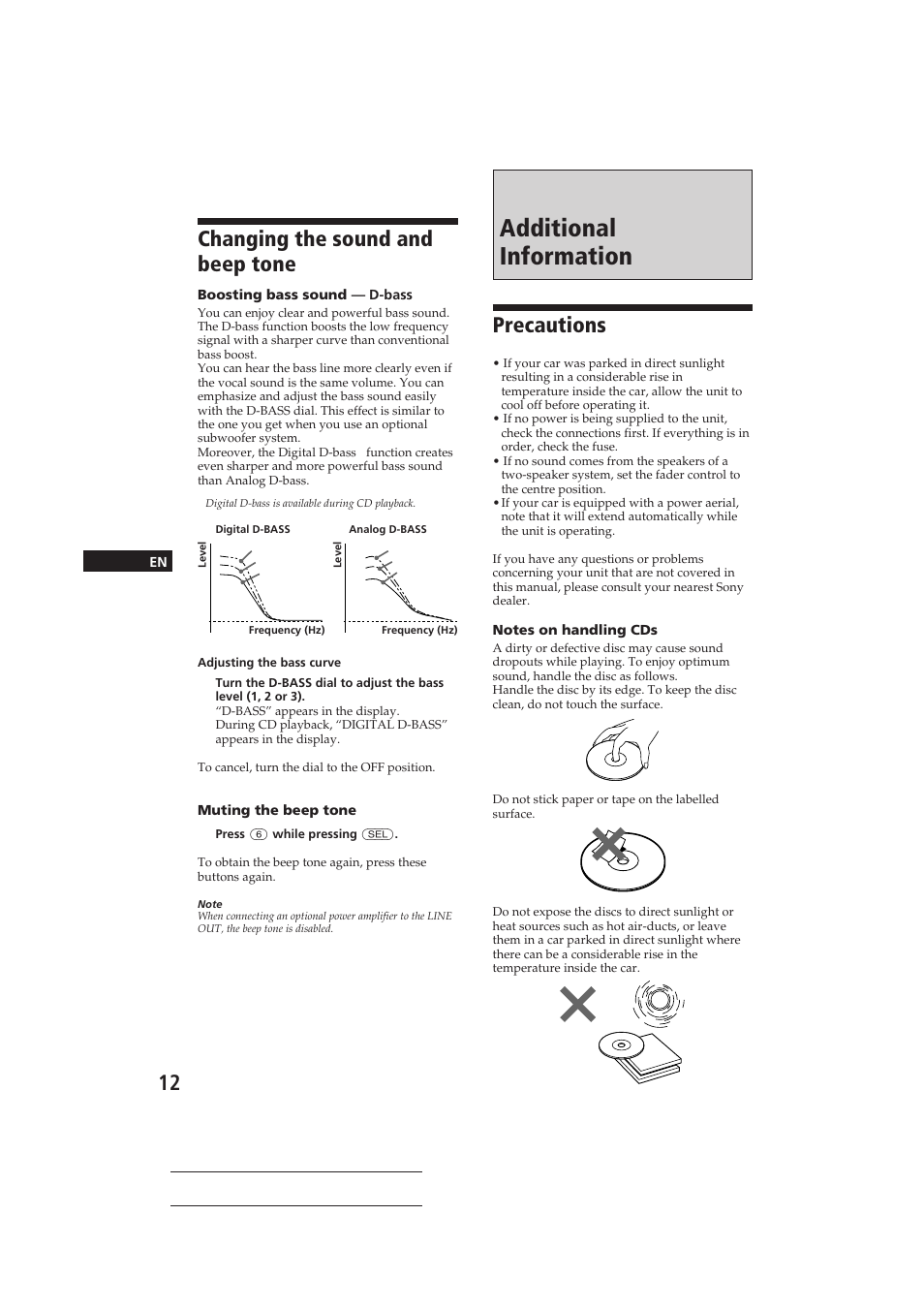 Additional information, Changing the sound and beep tone, Precautions | Sony CDX-4150RDS User Manual | Page 12 / 74