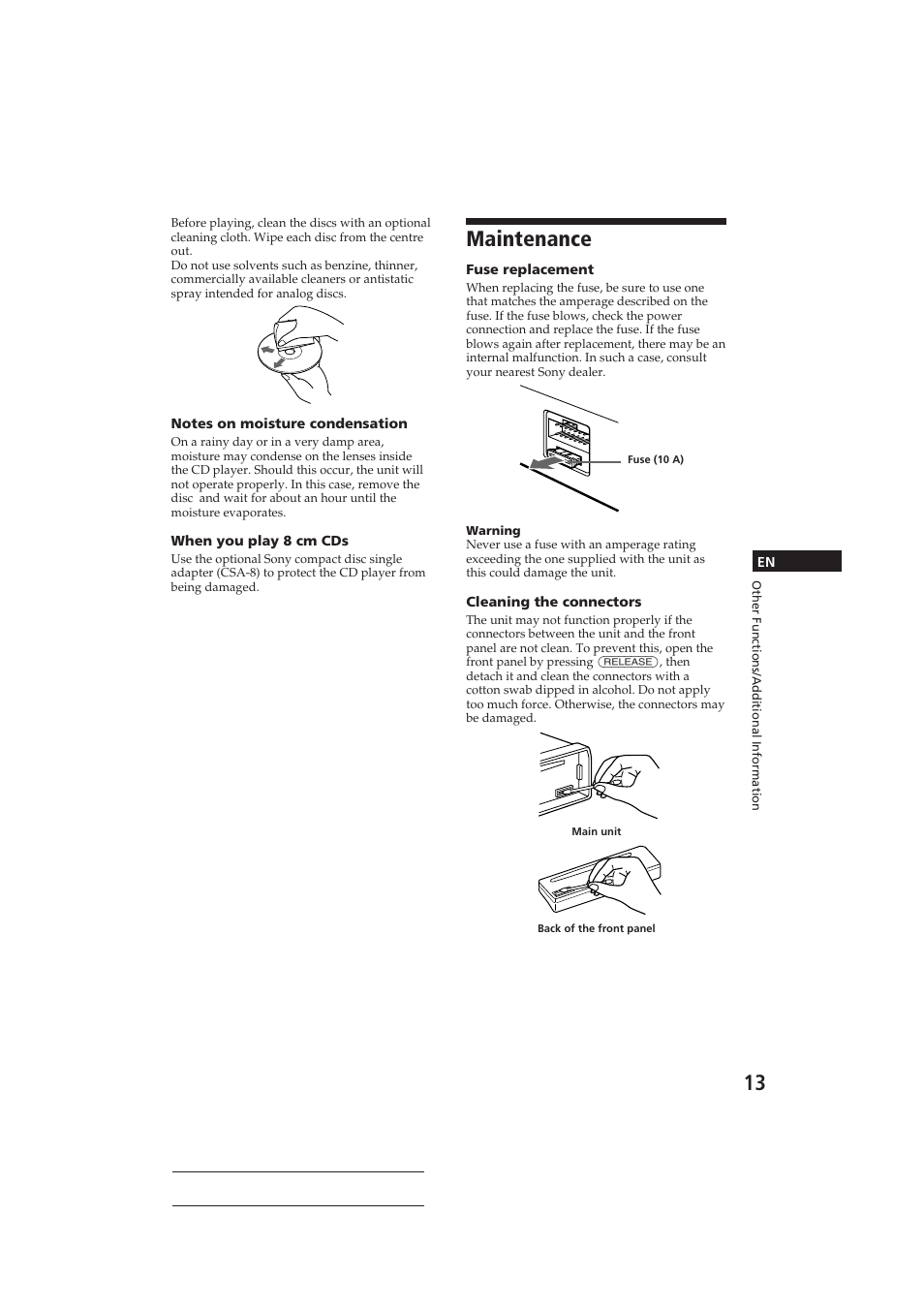 Maintenance | Sony CDX-4150RDS User Manual | Page 13 / 74
