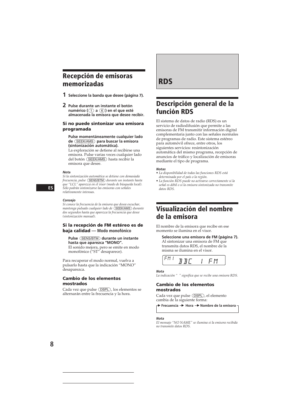 Descripción general de la función rds, Visualización del nombre de la emisora, Bbc 1 fm | Sony CDX-4150RDS User Manual | Page 26 / 74