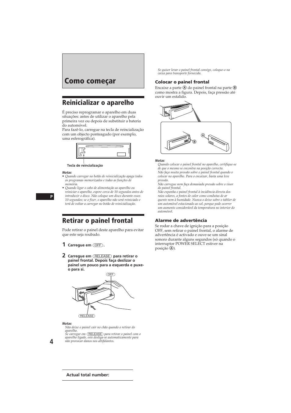 Como começar, Reinicializar o aparelho, Retirar o painel frontal | Sony CDX-4150RDS User Manual | Page 40 / 74