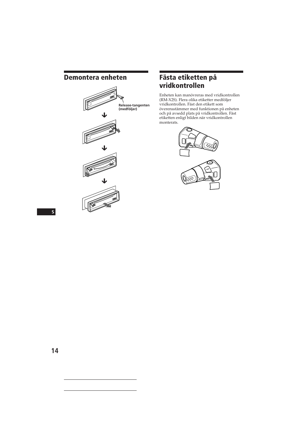 Demontera enheten, Fästa etiketten på vridkontrollen | Sony CDX-4150RDS User Manual | Page 68 / 74