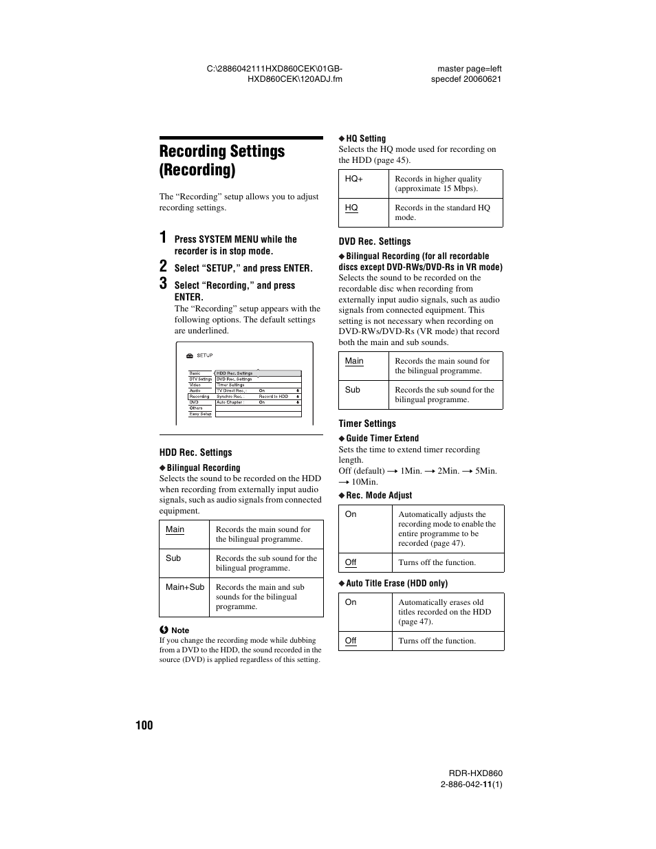 Recording settings (recording) | Sony RDR-HXD860 User Manual | Page 100 / 124