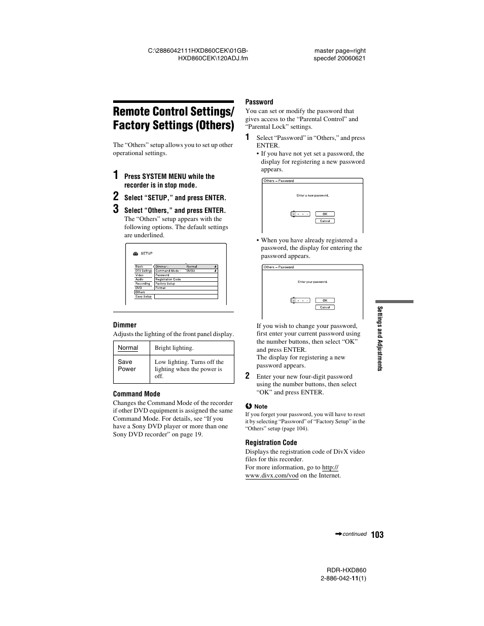 Remote control settings/ factory settings (others), Remote control settings/factory settings (others) | Sony RDR-HXD860 User Manual | Page 103 / 124