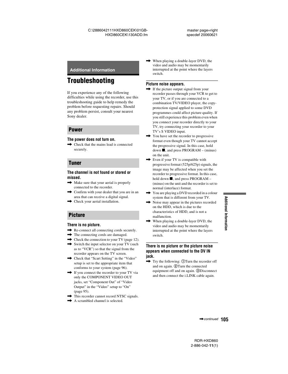 Additional information, Troubleshooting, Power tuner picture | Sony RDR-HXD860 User Manual | Page 105 / 124
