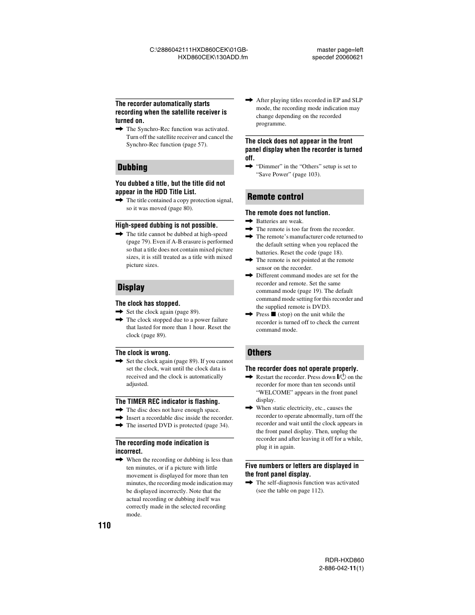 Dubbing display remote control others | Sony RDR-HXD860 User Manual | Page 110 / 124