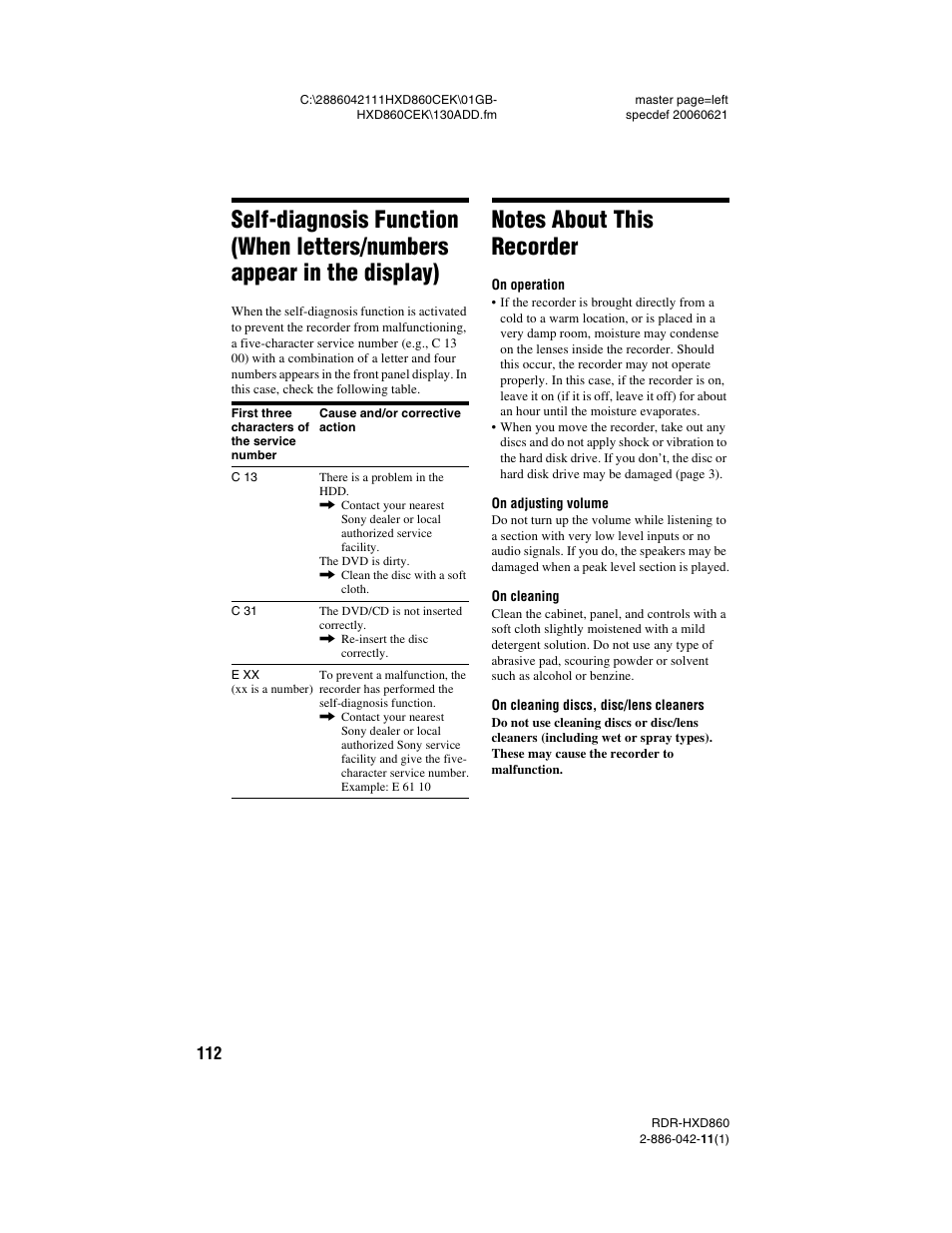 Notes about this recorder | Sony RDR-HXD860 User Manual | Page 112 / 124