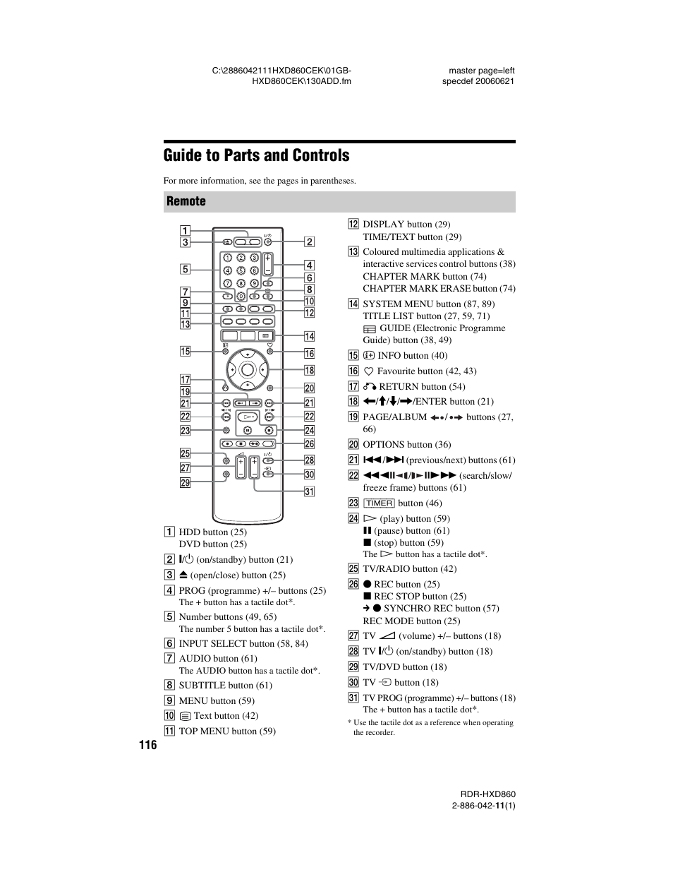 Guide to parts and controls | Sony RDR-HXD860 User Manual | Page 116 / 124