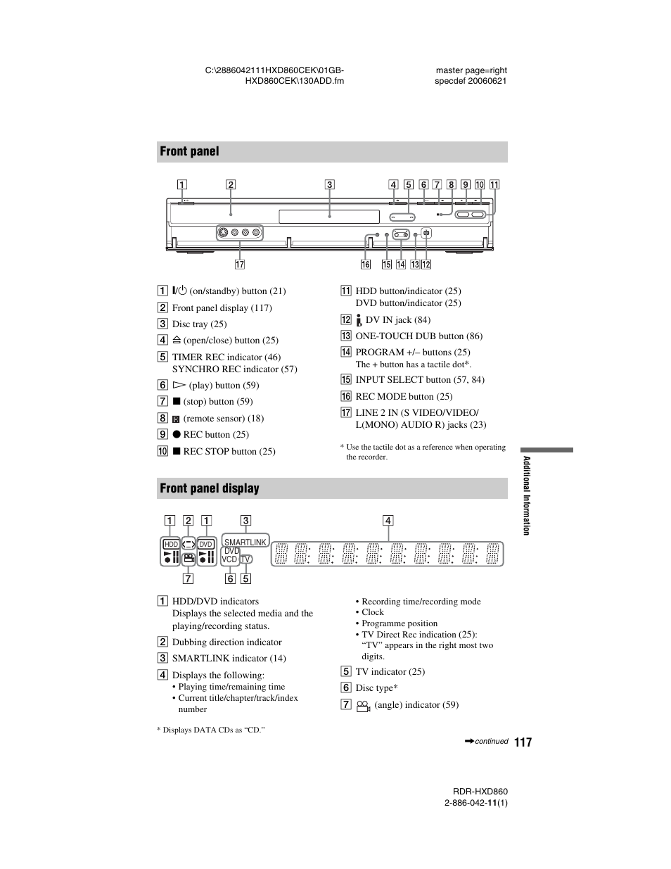 Front panel front panel display | Sony RDR-HXD860 User Manual | Page 117 / 124