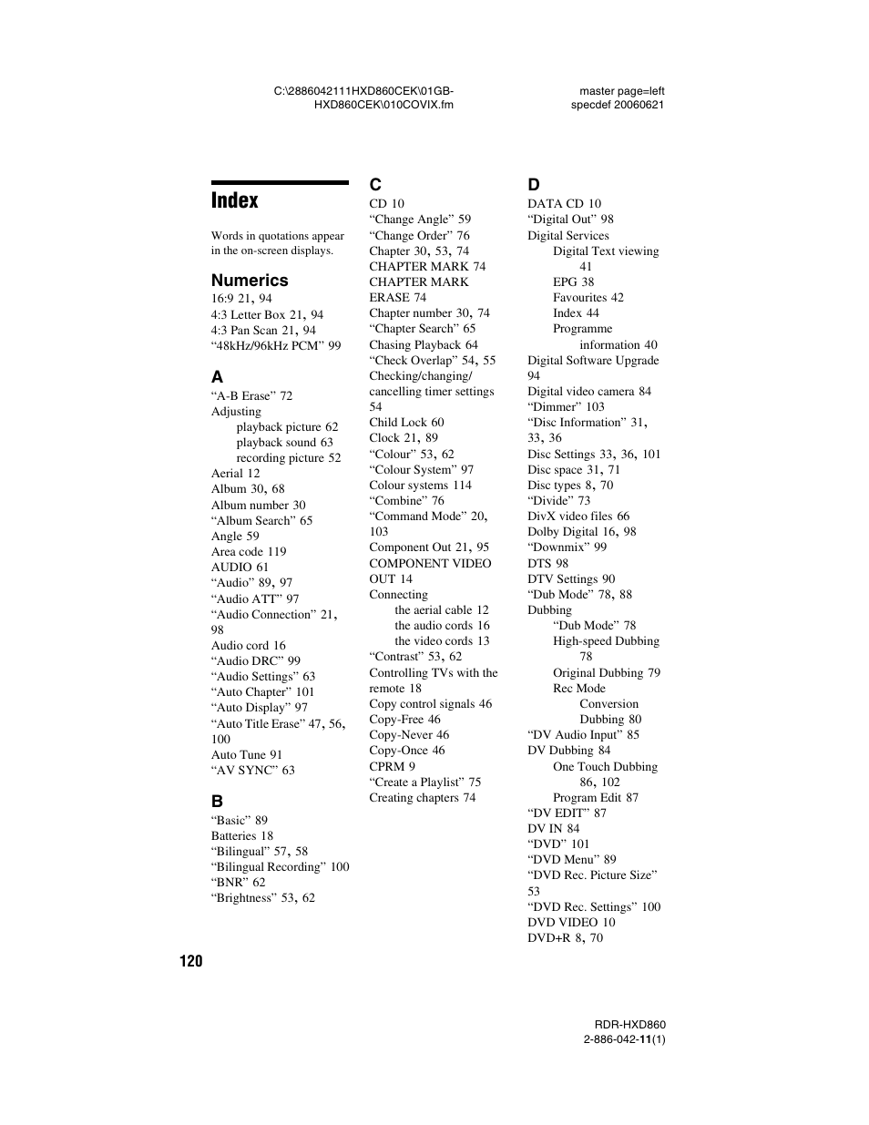 Index | Sony RDR-HXD860 User Manual | Page 120 / 124