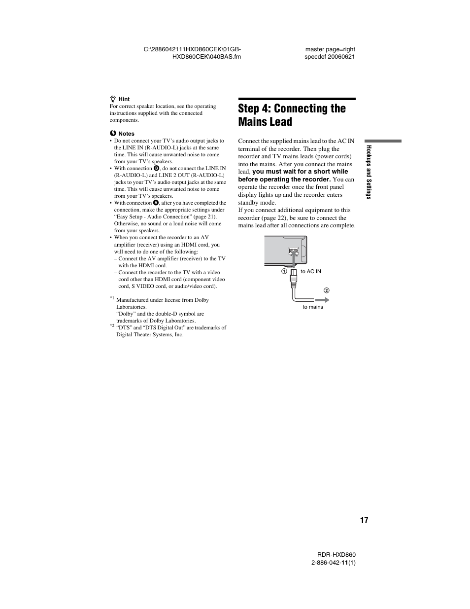 Step 4: connecting the mains lead | Sony RDR-HXD860 User Manual | Page 17 / 124