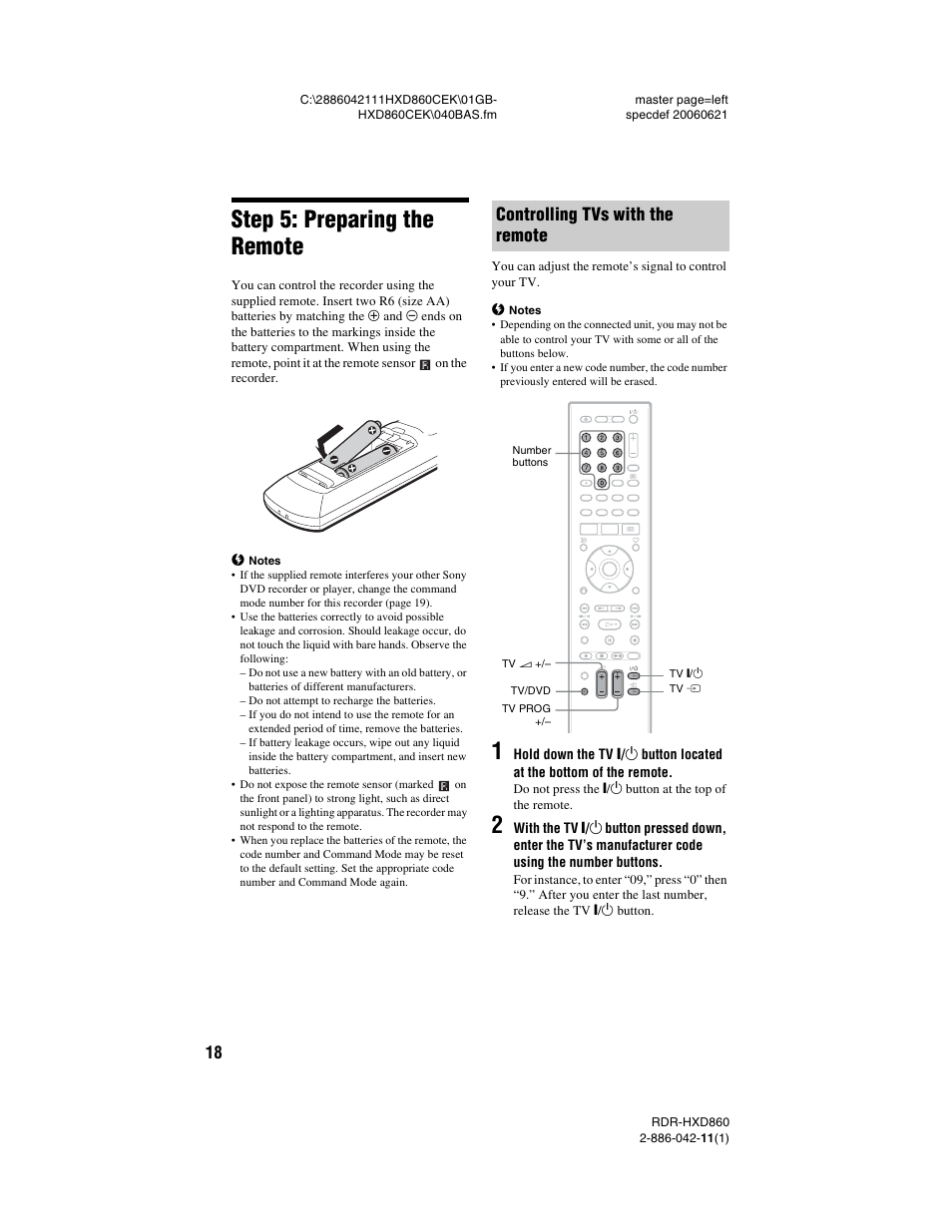 Step 5: preparing the remote, Controlling tvs with the remote | Sony RDR-HXD860 User Manual | Page 18 / 124