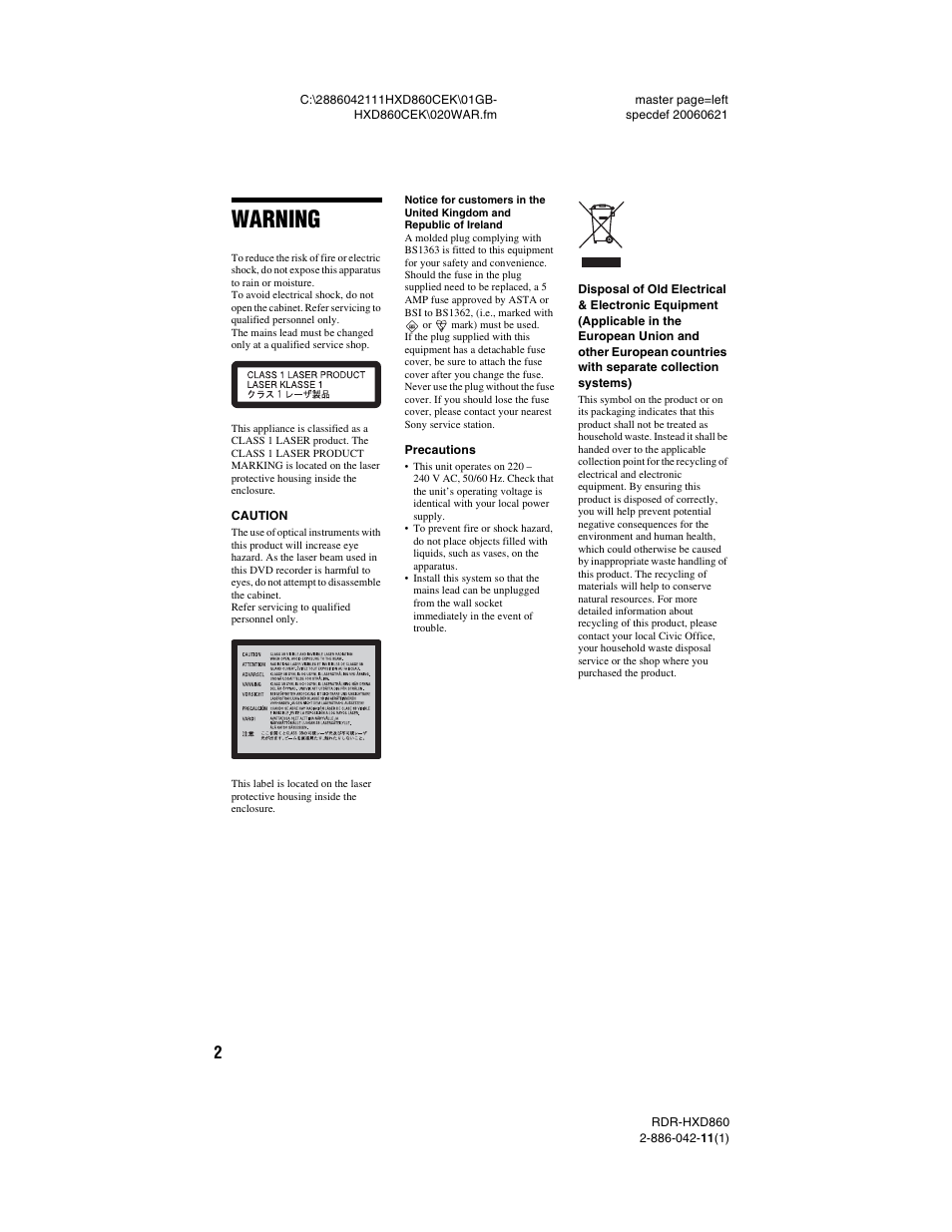 Warning | Sony RDR-HXD860 User Manual | Page 2 / 124