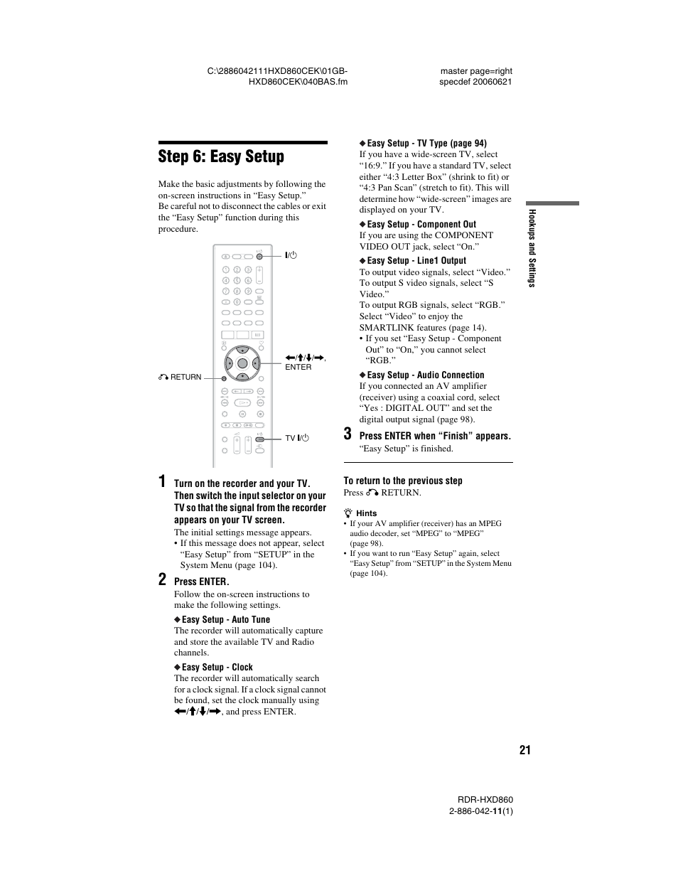 Step 6: easy setup | Sony RDR-HXD860 User Manual | Page 21 / 124