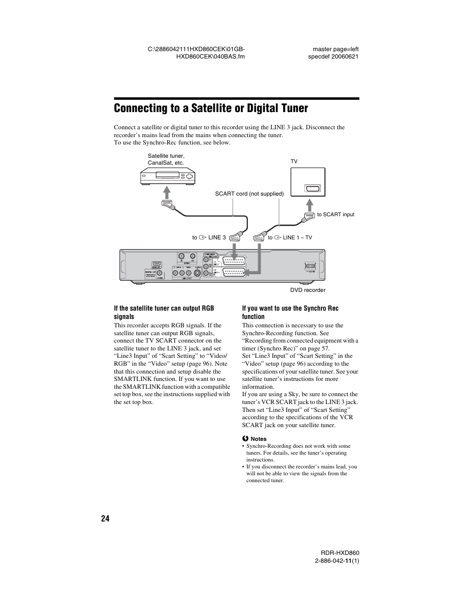 Connecting to a satellite or digital tuner | Sony RDR-HXD860 User Manual | Page 24 / 124