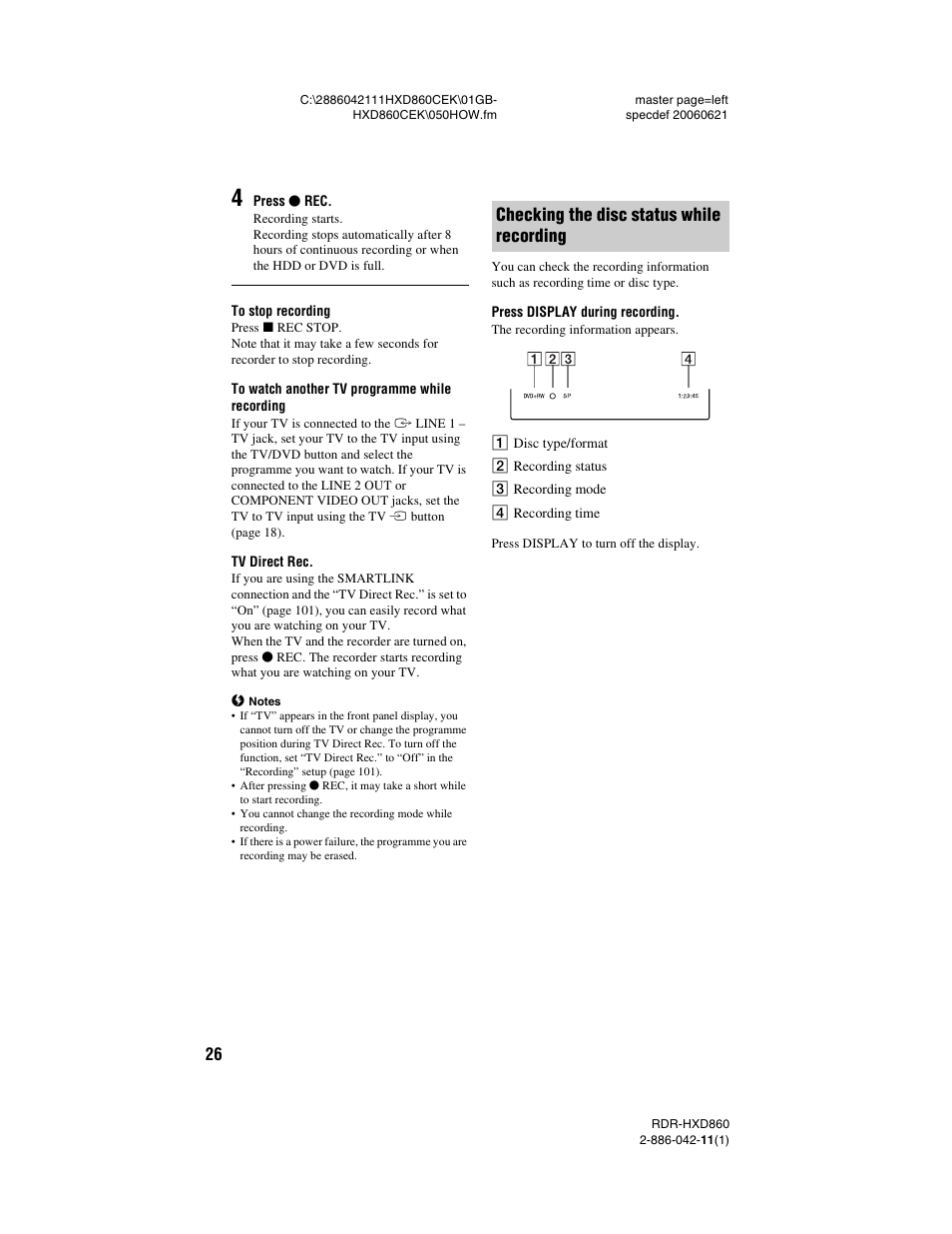 Checking the disc status while recording | Sony RDR-HXD860 User Manual | Page 26 / 124