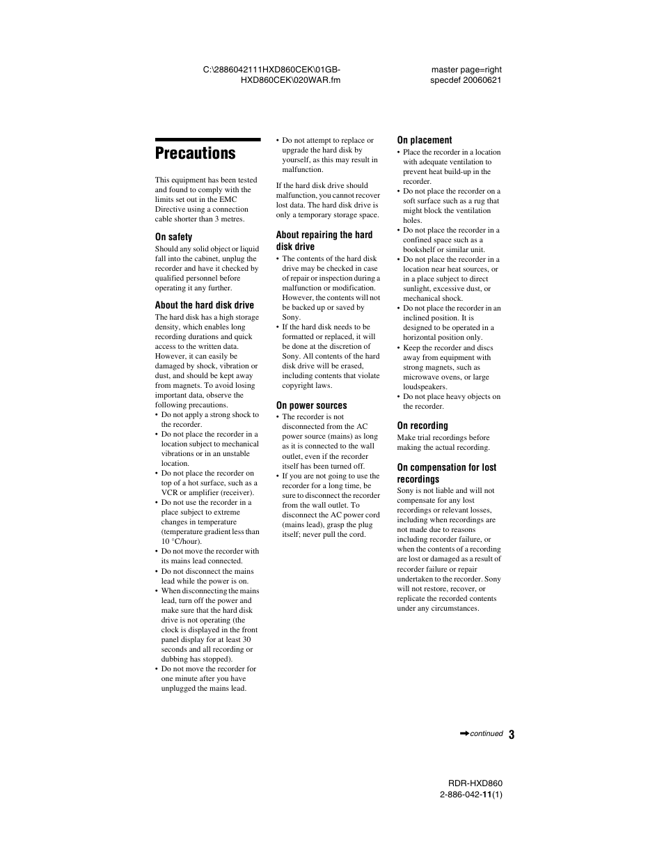 Precautions | Sony RDR-HXD860 User Manual | Page 3 / 124
