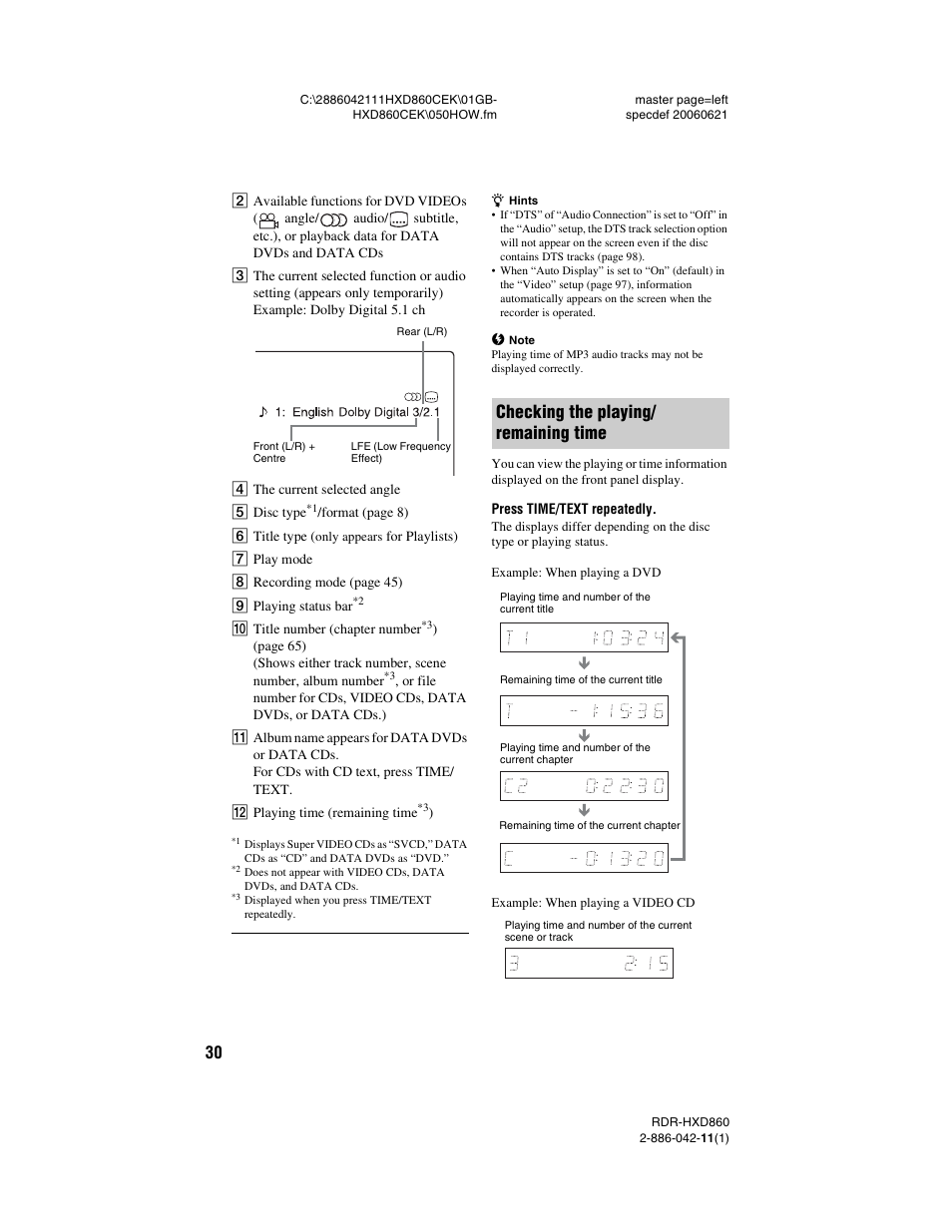 Checking the playing/ remaining time, Checking the playing/remaining time | Sony RDR-HXD860 User Manual | Page 30 / 124