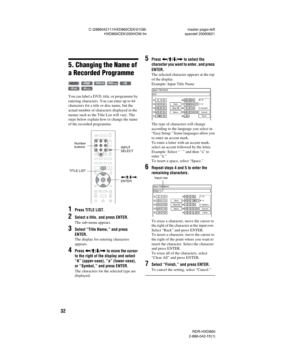 Changing the name of a recorded programme | Sony RDR-HXD860 User Manual | Page 32 / 124