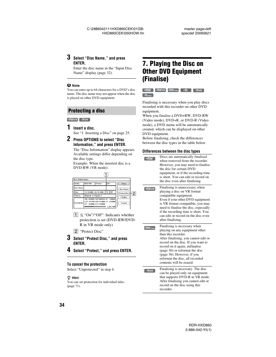 Protecting a disc, Playing the disc on other dvd equipment (finalise) | Sony RDR-HXD860 User Manual | Page 34 / 124