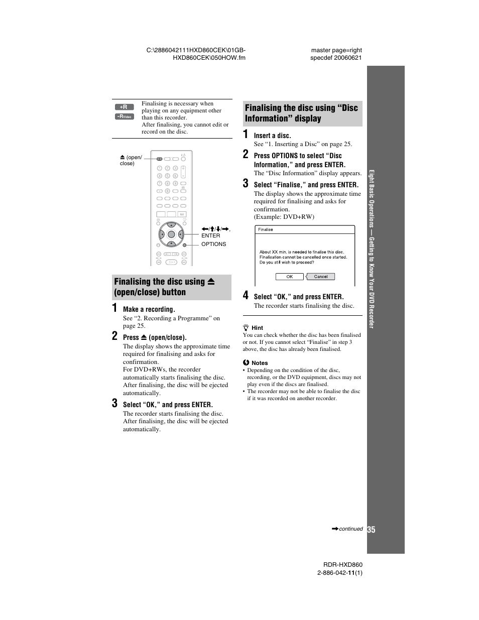 Finalising the disc using z (open/close) button, Finalising the disc using z | Sony RDR-HXD860 User Manual | Page 35 / 124