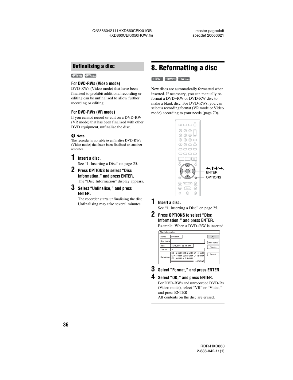 Unfinalising a disc, Reformatting a disc | Sony RDR-HXD860 User Manual | Page 36 / 124