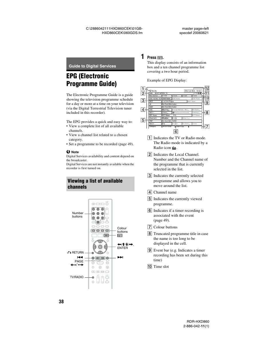Guide to digital services, Epg (electronic programme guide), Viewing a list of available channels | Sony RDR-HXD860 User Manual | Page 38 / 124