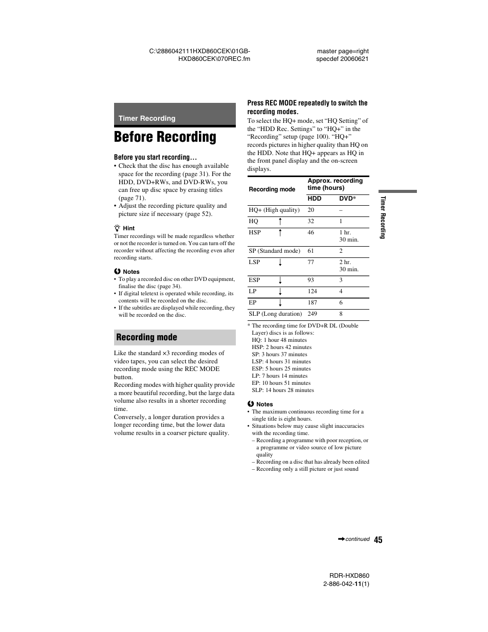 Timer recording, Before recording, Recording mode | Sony RDR-HXD860 User Manual | Page 45 / 124