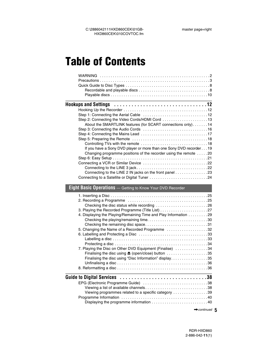 Sony RDR-HXD860 User Manual | Page 5 / 124