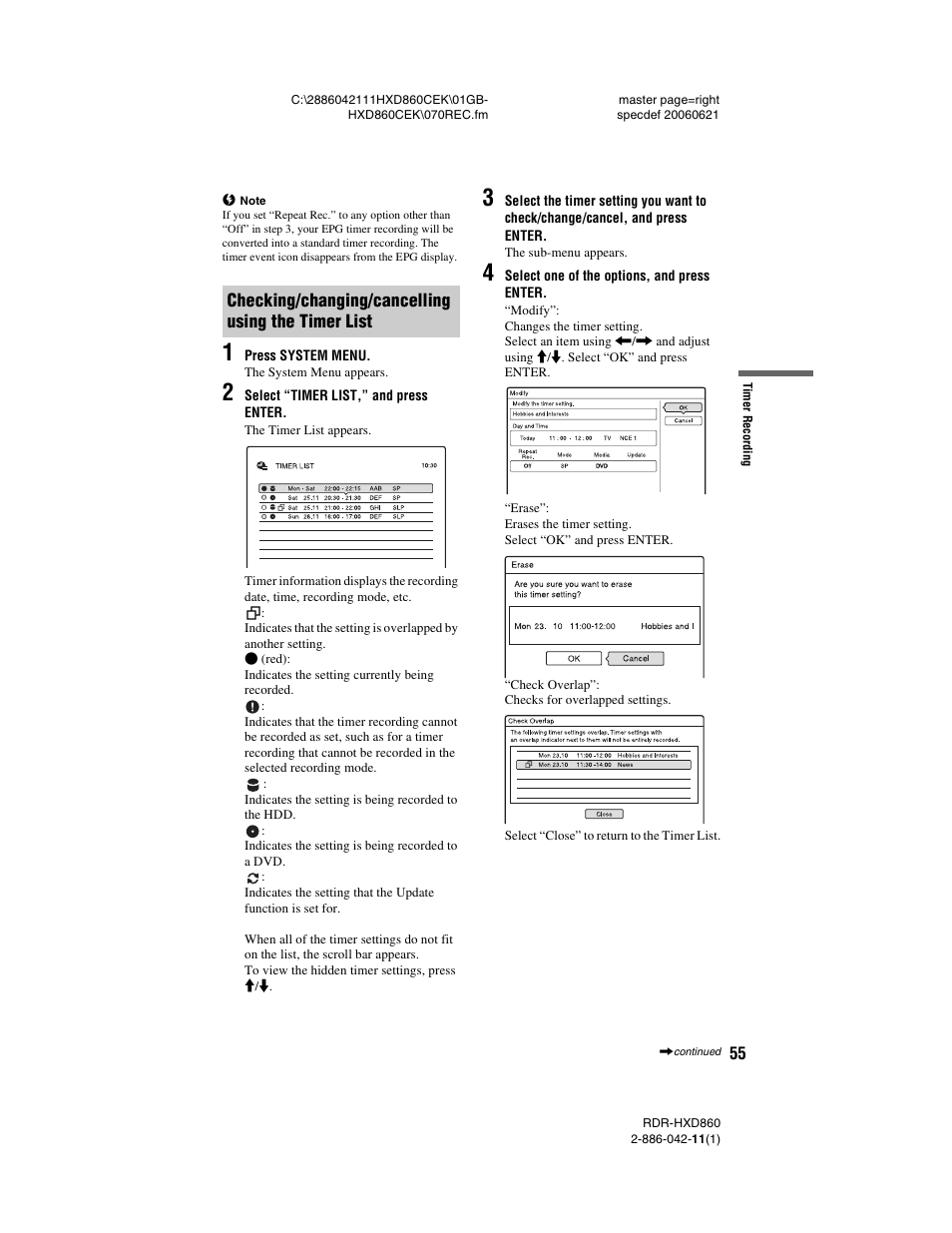 Checking/changing/cancelling using the timer list | Sony RDR-HXD860 User Manual | Page 55 / 124
