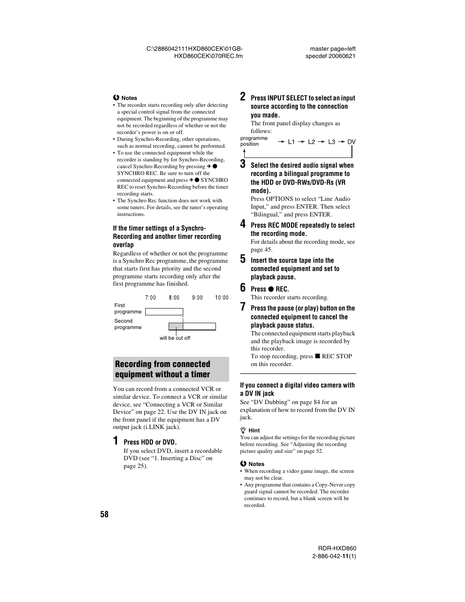 Recording from connected equipment without a timer | Sony RDR-HXD860 User Manual | Page 58 / 124