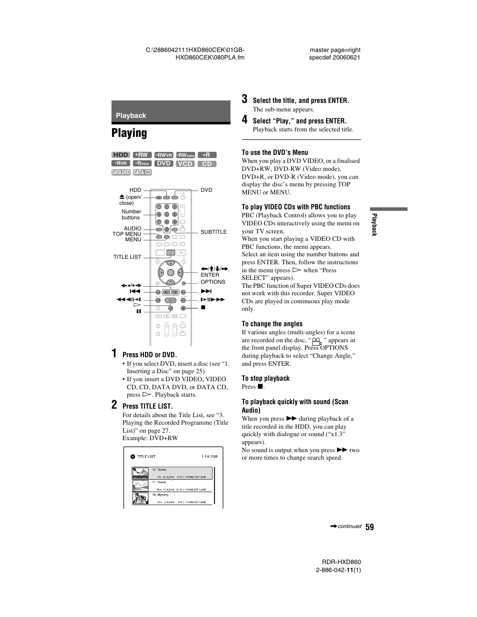 Playback, Playing, Playing 1 | Sony RDR-HXD860 User Manual | Page 59 / 124