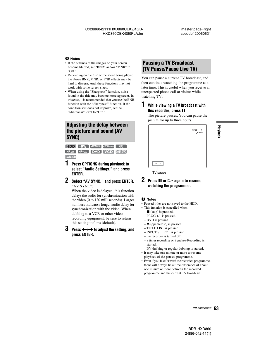 Pausing a tv broadcast (tv pause/pause live tv) | Sony RDR-HXD860 User Manual | Page 63 / 124