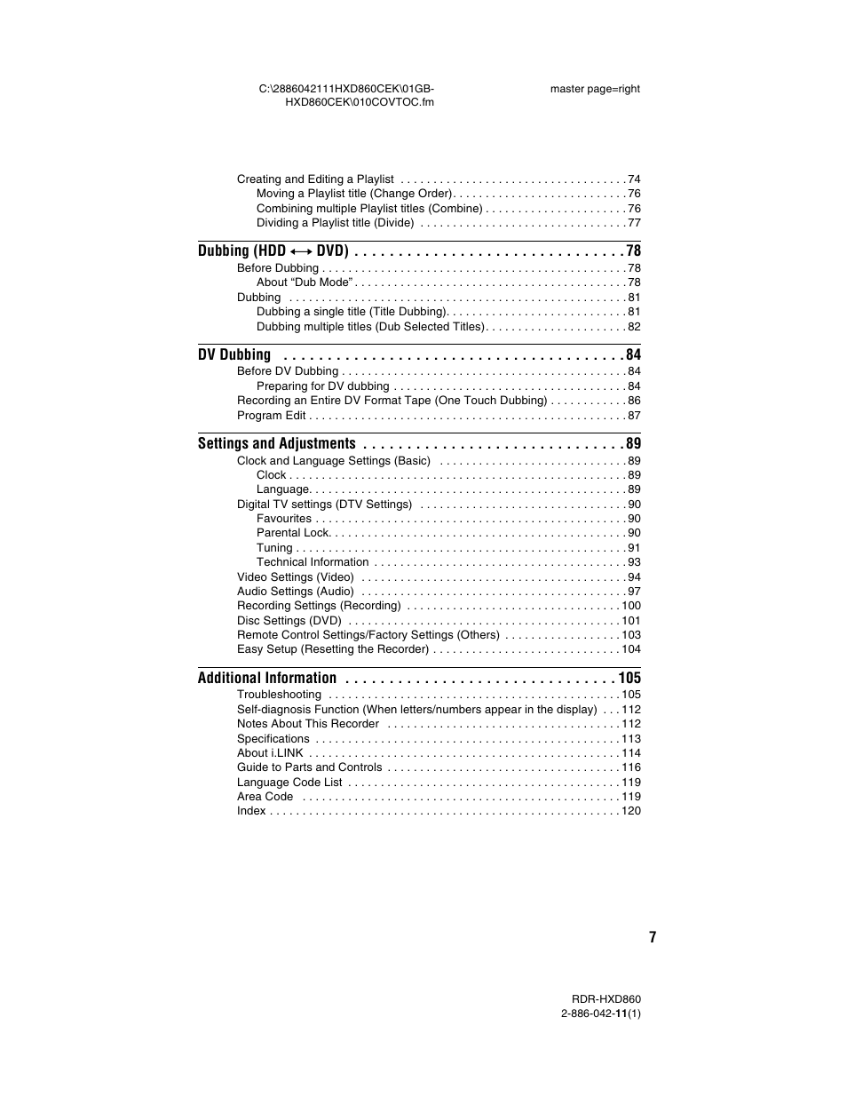 Sony RDR-HXD860 User Manual | Page 7 / 124