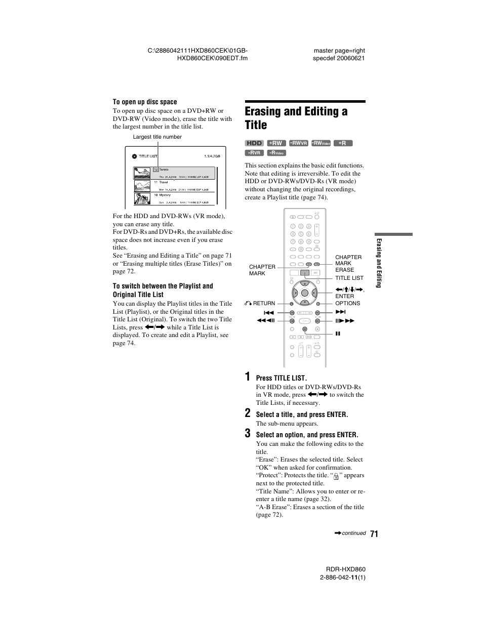 Erasing and editing a title | Sony RDR-HXD860 User Manual | Page 71 / 124